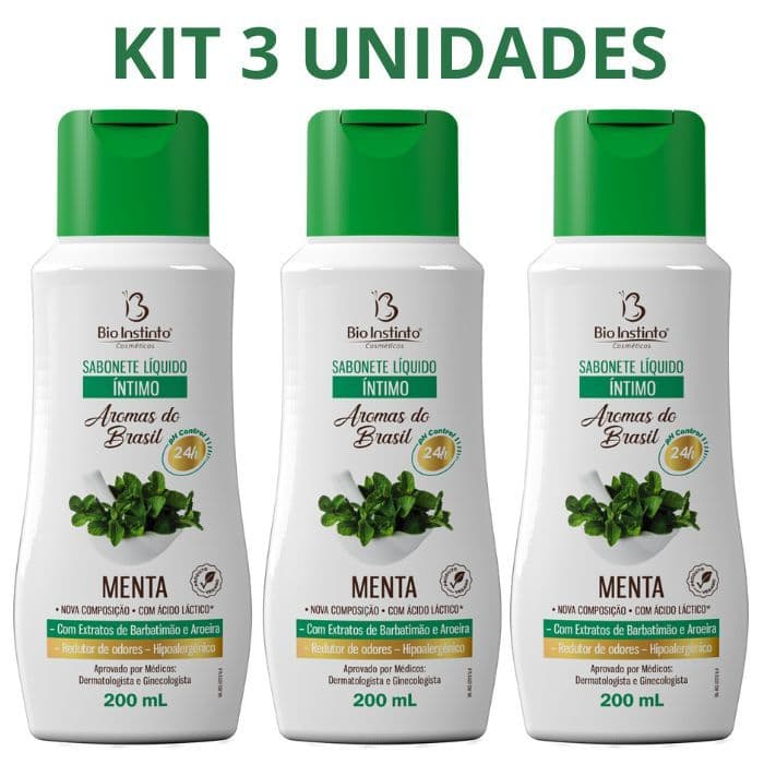 Kit 3 Sabonete Intimo Feminino Liquido Menta com Extrato de Barbatimão e Aroeira Bio Instinto 200ml