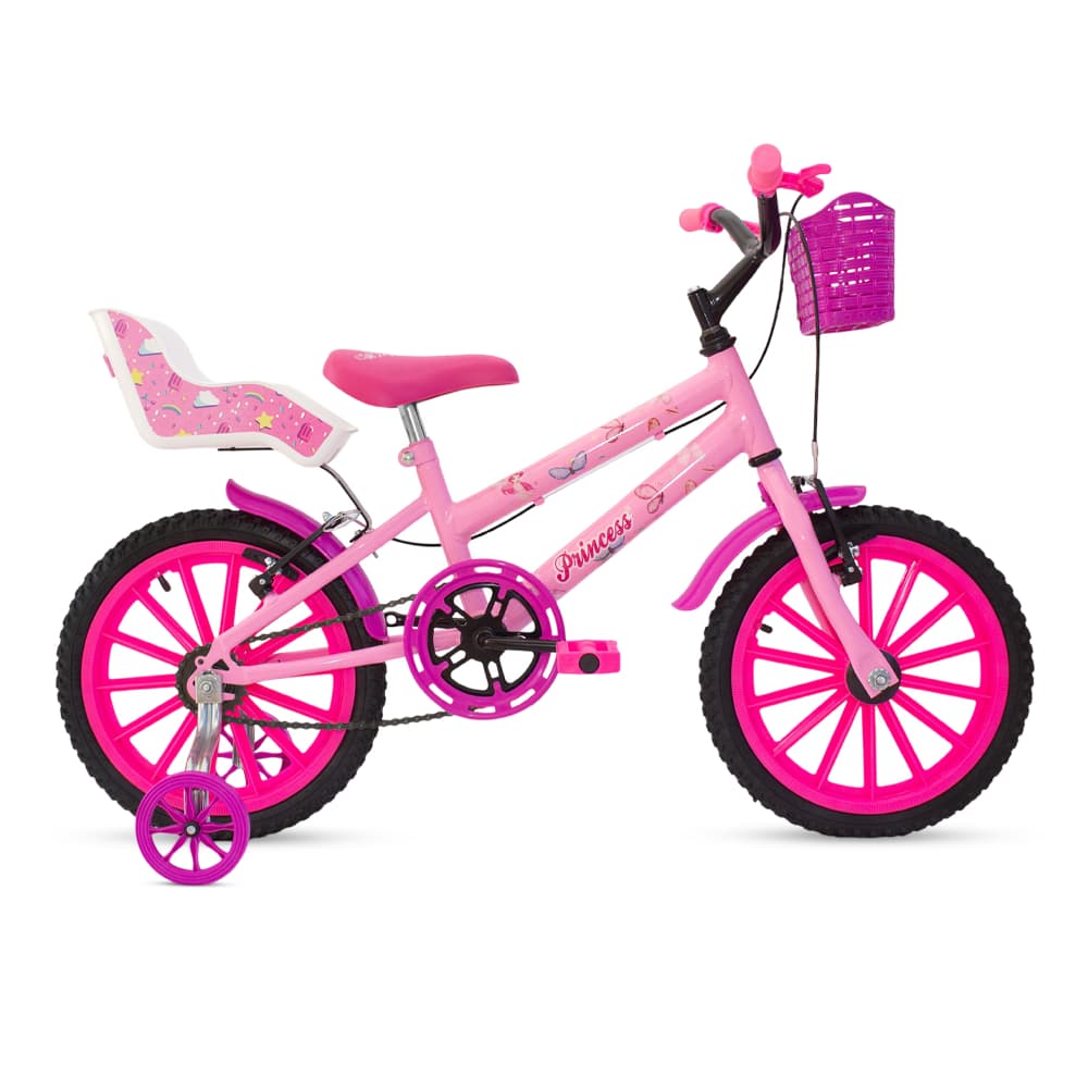 Bicicleta Infantil Feminina aro 16 Bike Princesa Com Cadeirinha De Boneca Rodinhas e Cestinhas