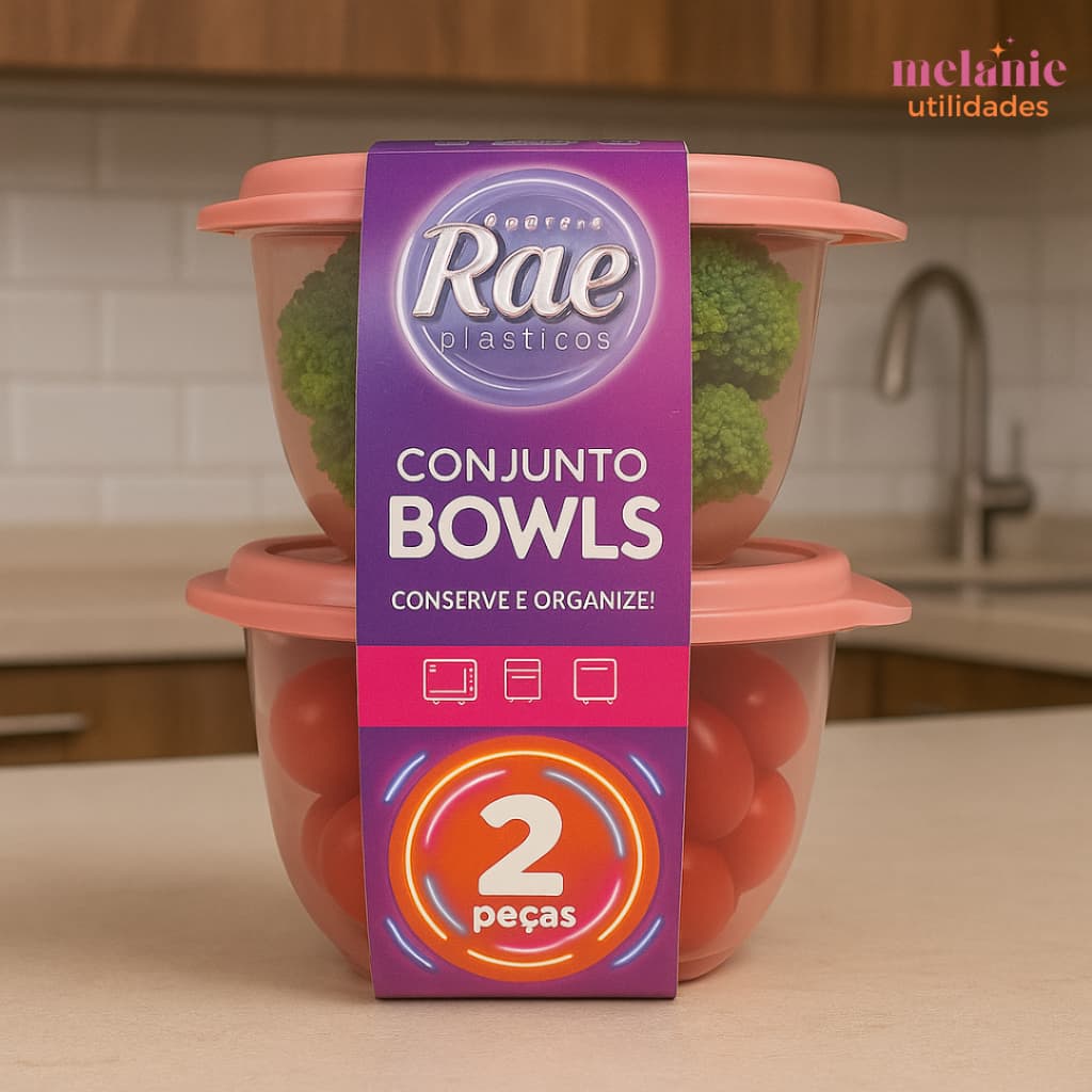Kit 2 Bowls de 350ml de Plástico Rosa com Tampa