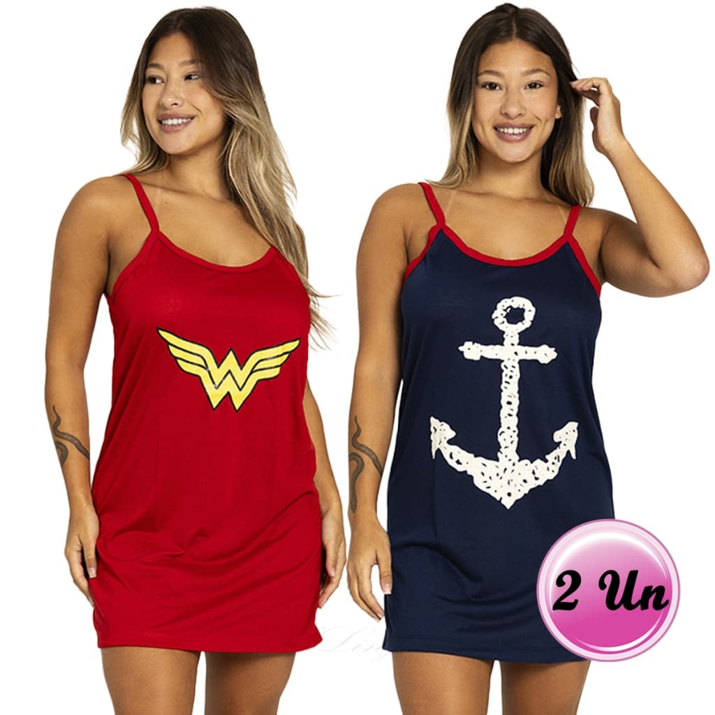 Kit 2 Camisolas Estampadas Vestido De Dormir Confortável Alça Fina