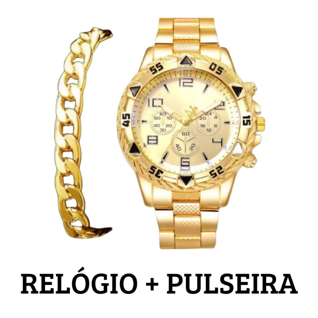 Relógio de Aço Dourado Masculino + Pulseira Dourada (Aço Inox) Envio Imediato Promoção fim de ano só hoje  só hoje
