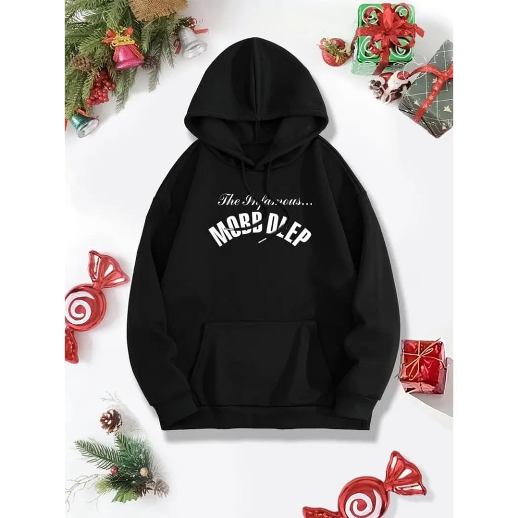 Moletom Oversized Uniex com Capuz - Preto com Estampa "Merry Deep" Branca, Poliéster, Corte Relaxado, Bolsos Frontais, L