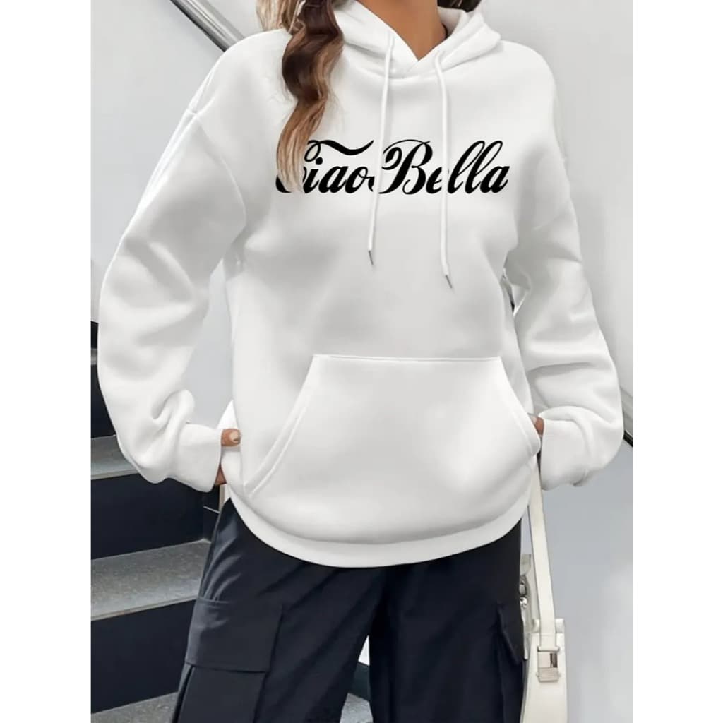 Moletom com Capuz Cia Bella Unisex - Preto com Letras Brancas, Hoodie Casual com Cordão, Bolsos Frontais, Lavável à Máqu