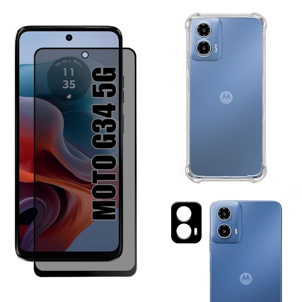Kit Para Moto G34 5g | Película de Privacidade 3D - Capa Anti Shock - Película da Câmera 3D