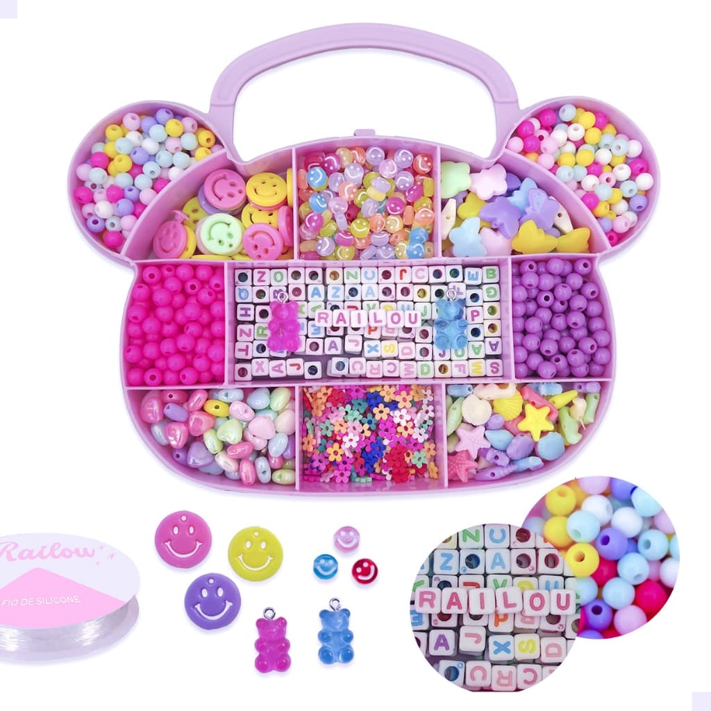 Maleta Kit Miçangas Coloridas Infantil  Para Pulseira + Silicone