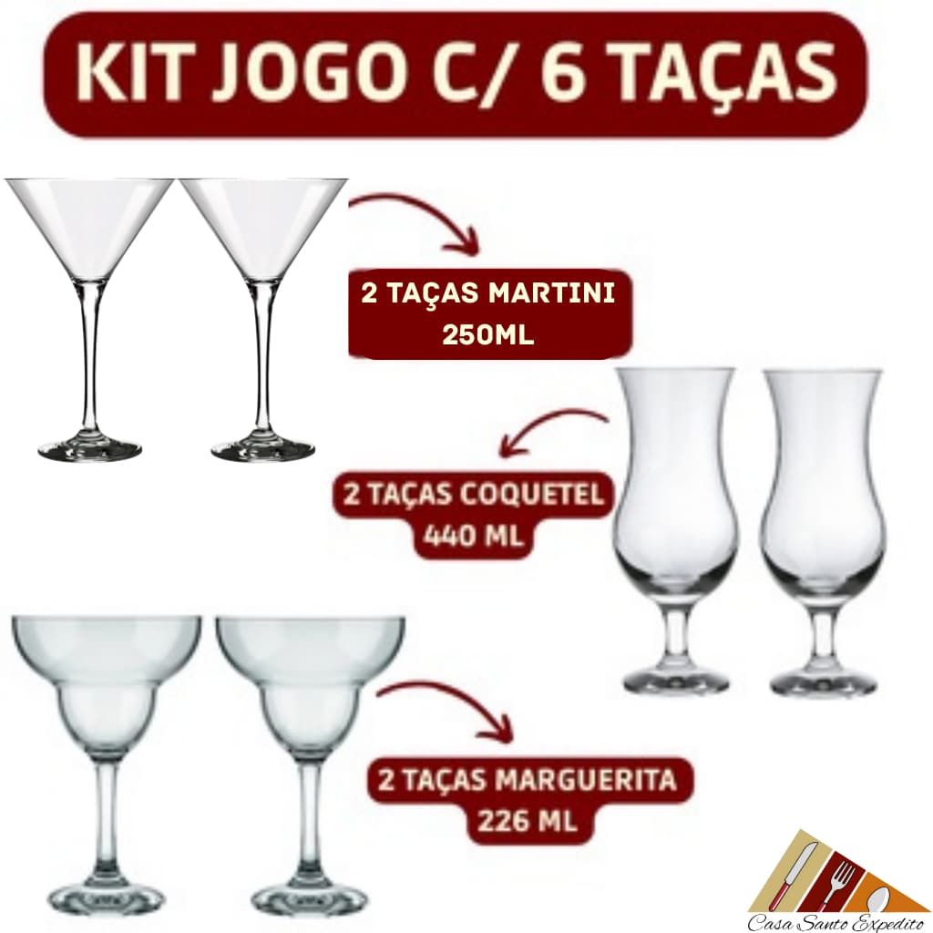 Conjunto Kit 6 Pçs C/ 2 Taça Martini Vinho 2 Coquetel 2 Marguerita ( Nadir ) Envio Imediato