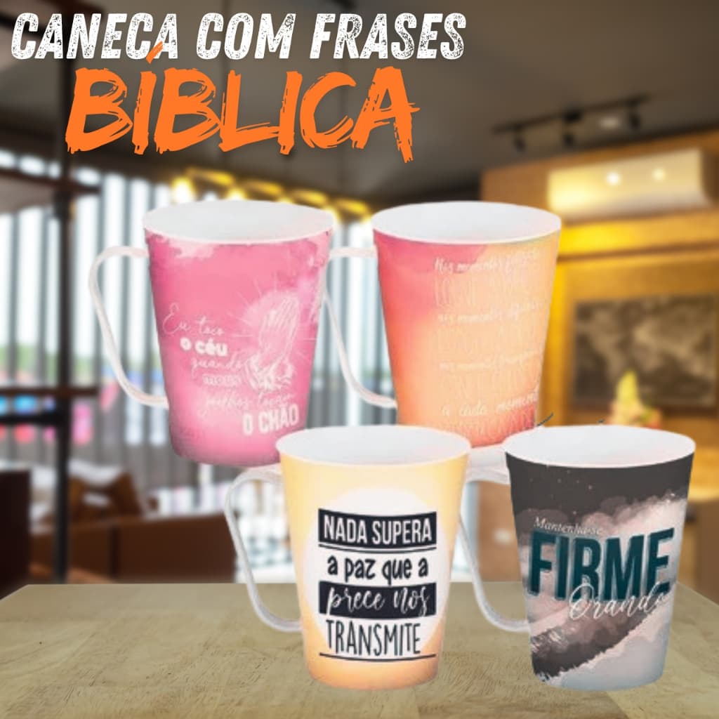 Kit 05 10 Caneca Decoradas Plástico Com Frases Bíblicas Com Alça 430ml Lembrancinha Presente