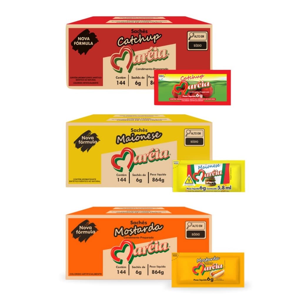 Kit 3x Molhos Maréia Sachê 144x6g – Ketchup, Mostarda e Maionese (Total 432 sachês)