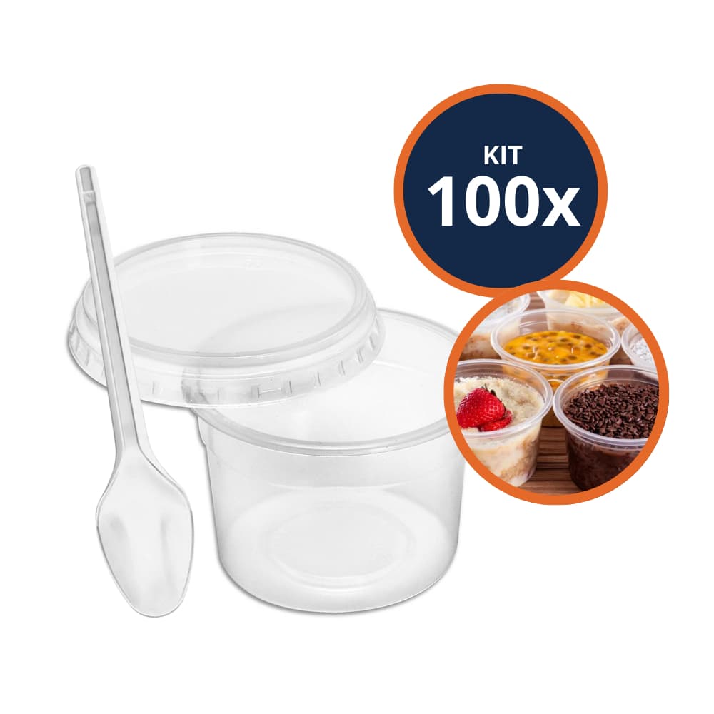 Kit 100 Potes Redondos 250ml Com Tampa E 100 Colheres de Sobremesa Transparente e Descartável Oferta