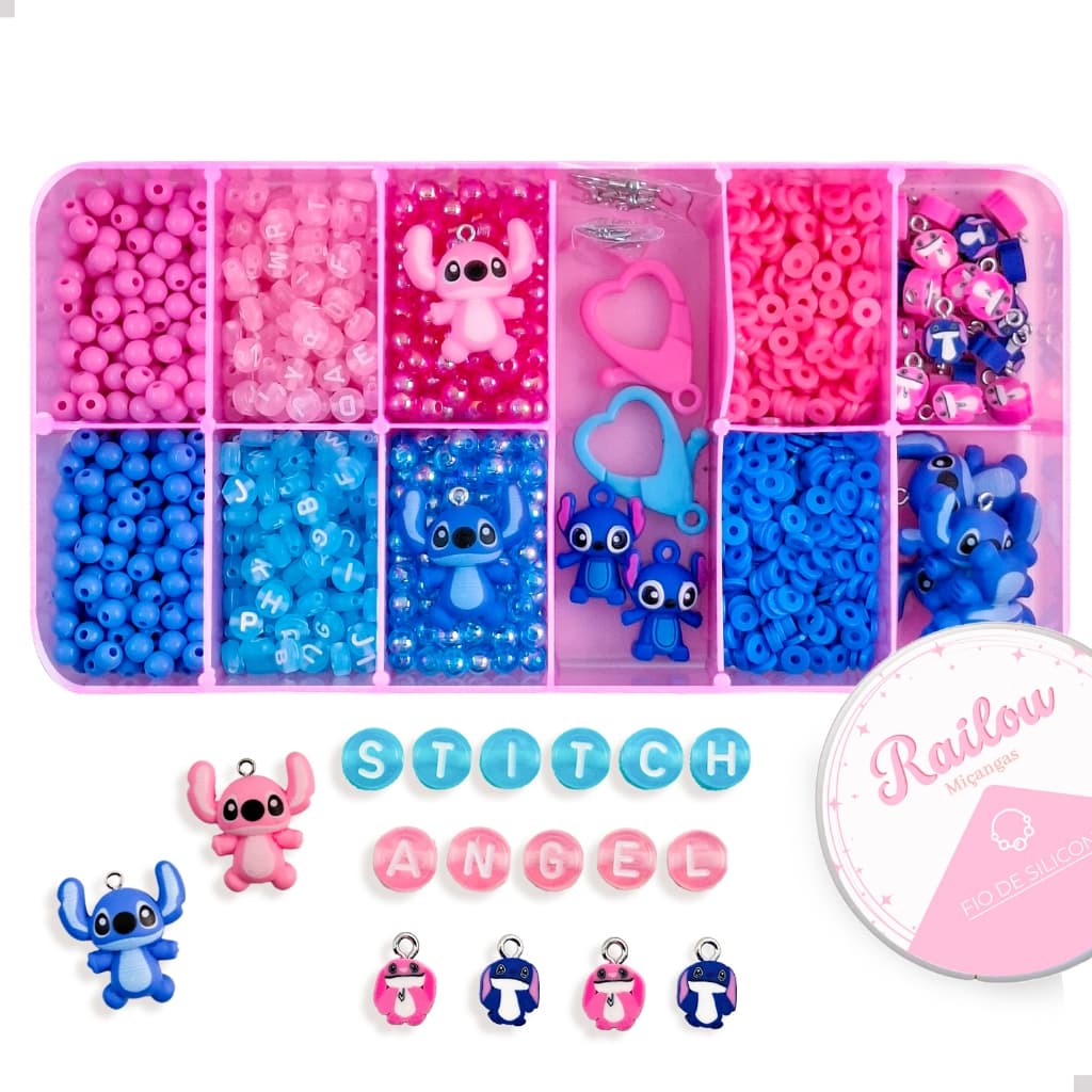 Kit de Miçangas Infantil Stitch e Angel Para Fazer Pulseira e Colar + Fio de Silicone - presente DYE
