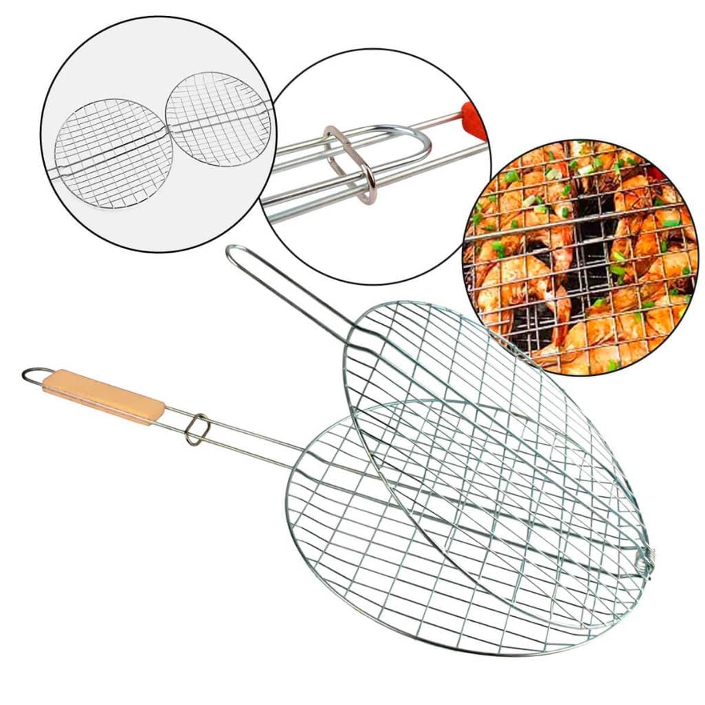 Grelha Dupla Inox Churrasco 31x31cm Cabo Madeira