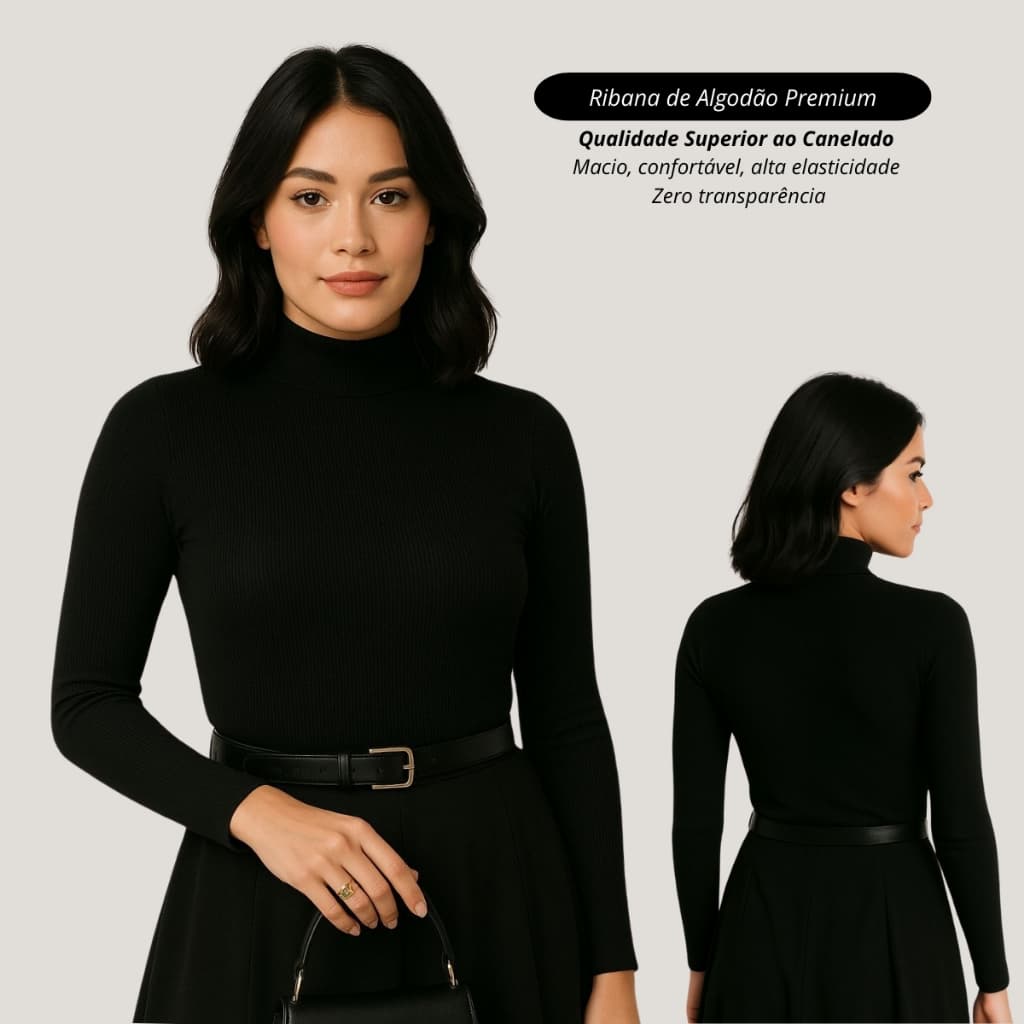 blusa cacharrel feminina gola alta casual basico ribana canelado algodão outono inverno