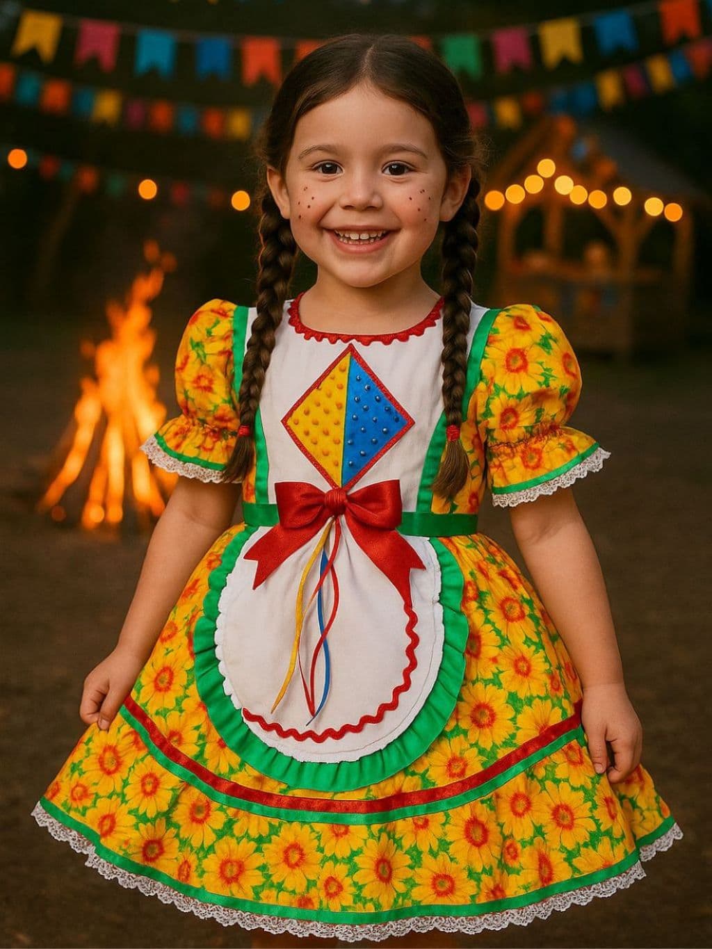 Vestido Infantil Festa Junina – Estampa Girassol com Laço e Pipa 🎉🌻