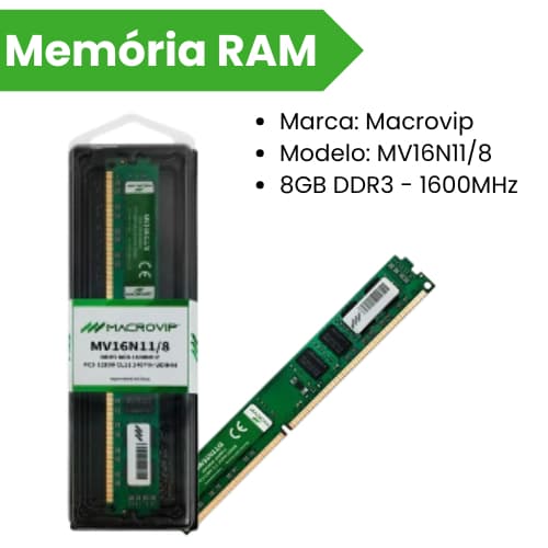 Memória RAM p/ PC Macrovip MV16N11/8 8GB DDR3 1600MHz