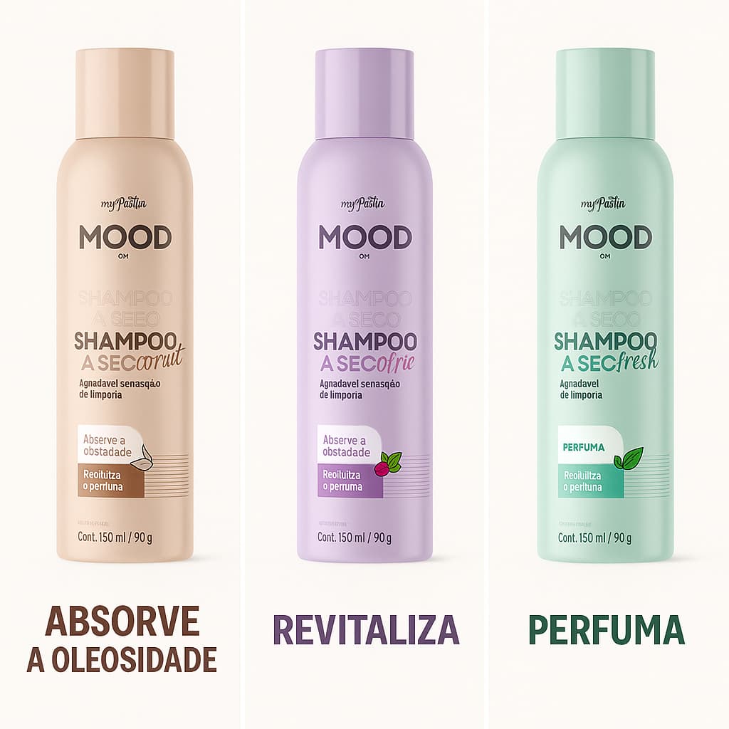 Shampoo a Seco Mood 150ml Coconut, Berries ou Fresh – Antioleosidade, Perfume e Limpeza