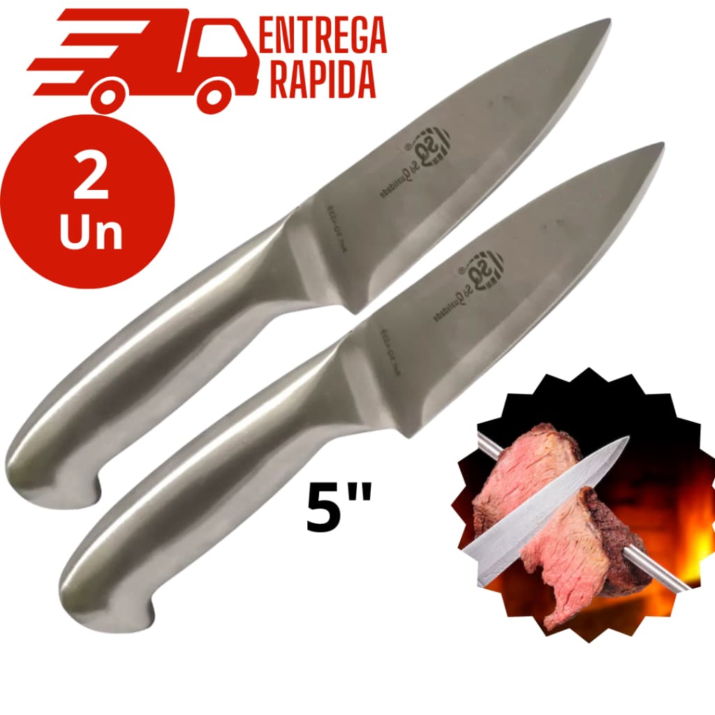 KIt 2 Facas Profissional Inteiriça 24cm em Aço Inox Inteiriço Churrasco Açougue Utensilio de Cozinha