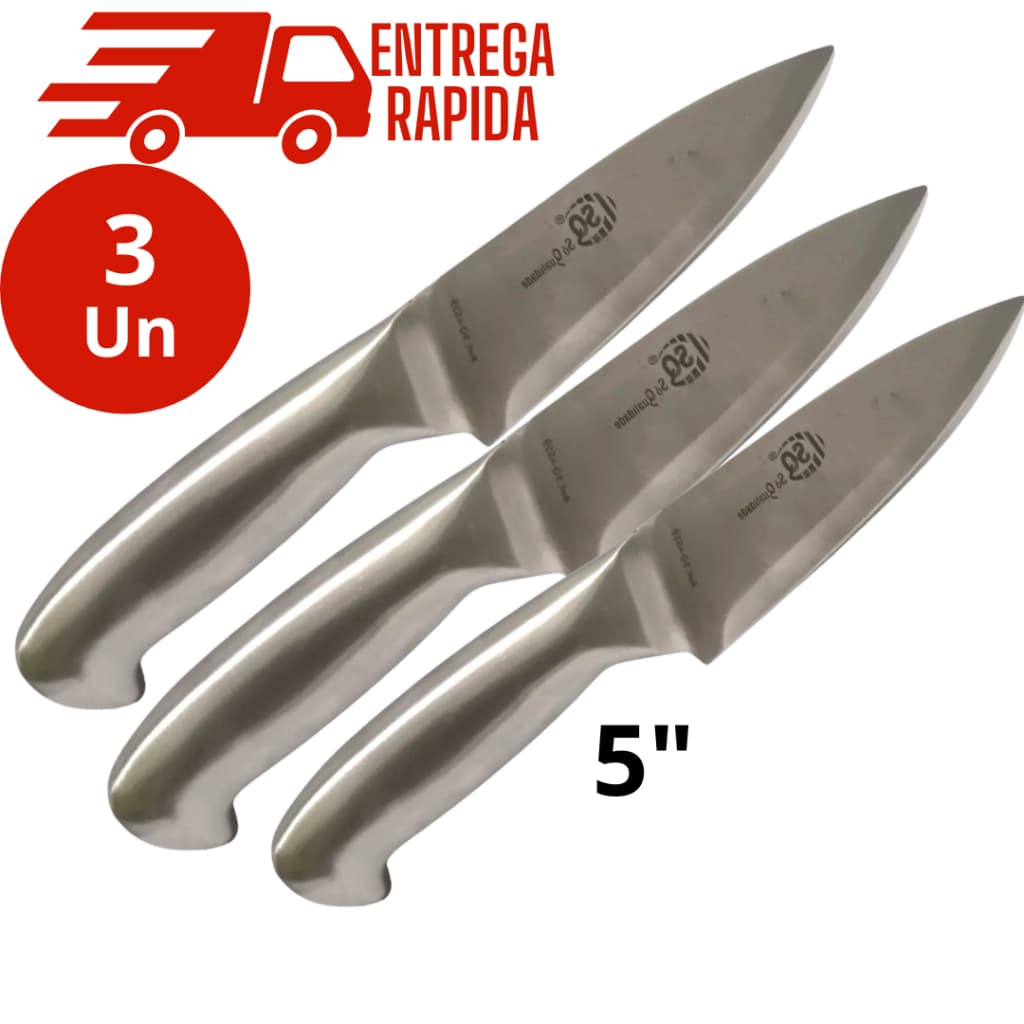 KIt 3 Faca Profissional Inteiriça 24 cm em Aço Inox  Inteiriço Churrasco Açougue Utensilio de Cozinha