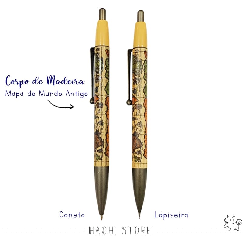 Kit Caneta e Lapiseira Vintage -  Mapa mundo antigo - Importado Japão