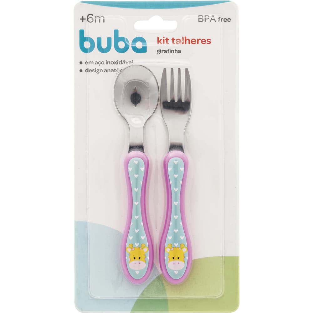 Kit Talheres Aço Inox Buba Bebê Animal Fun Girafa Colher Garfo Infantil Alimentação