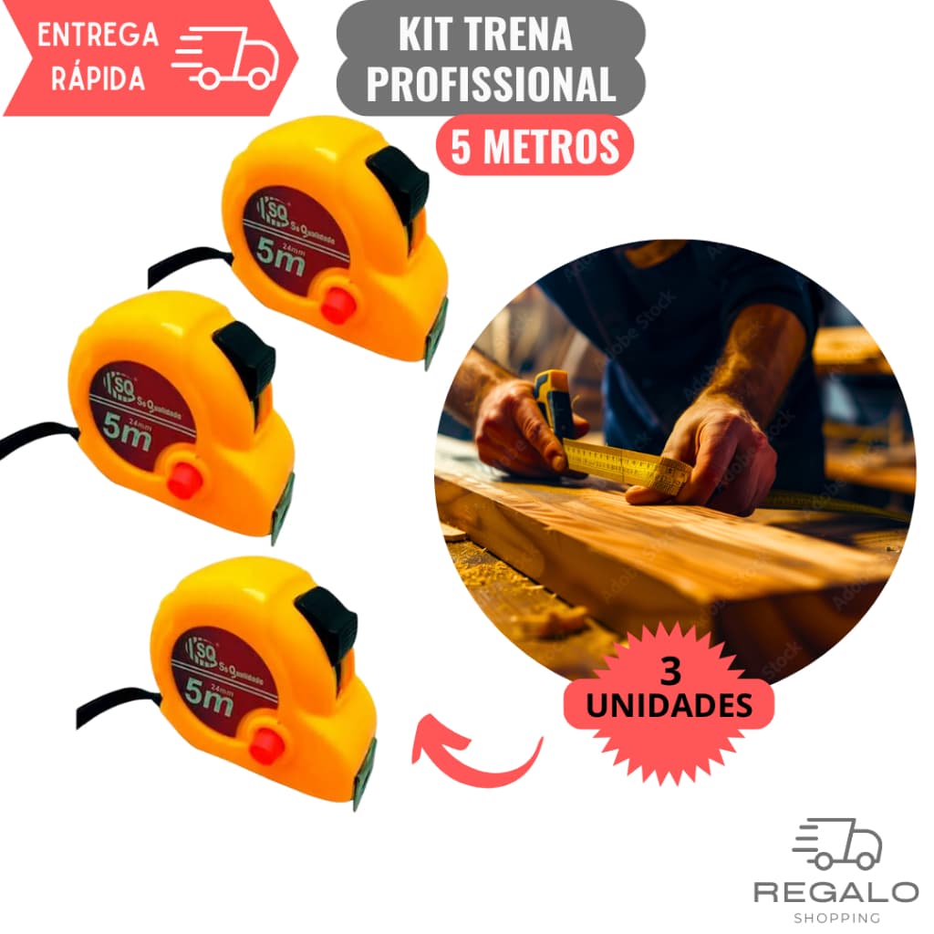 Kit 3 Trenas Métrica 5 metros Profissional com Alça e Trava Fita de Aço Tirar Medidas em Obras
