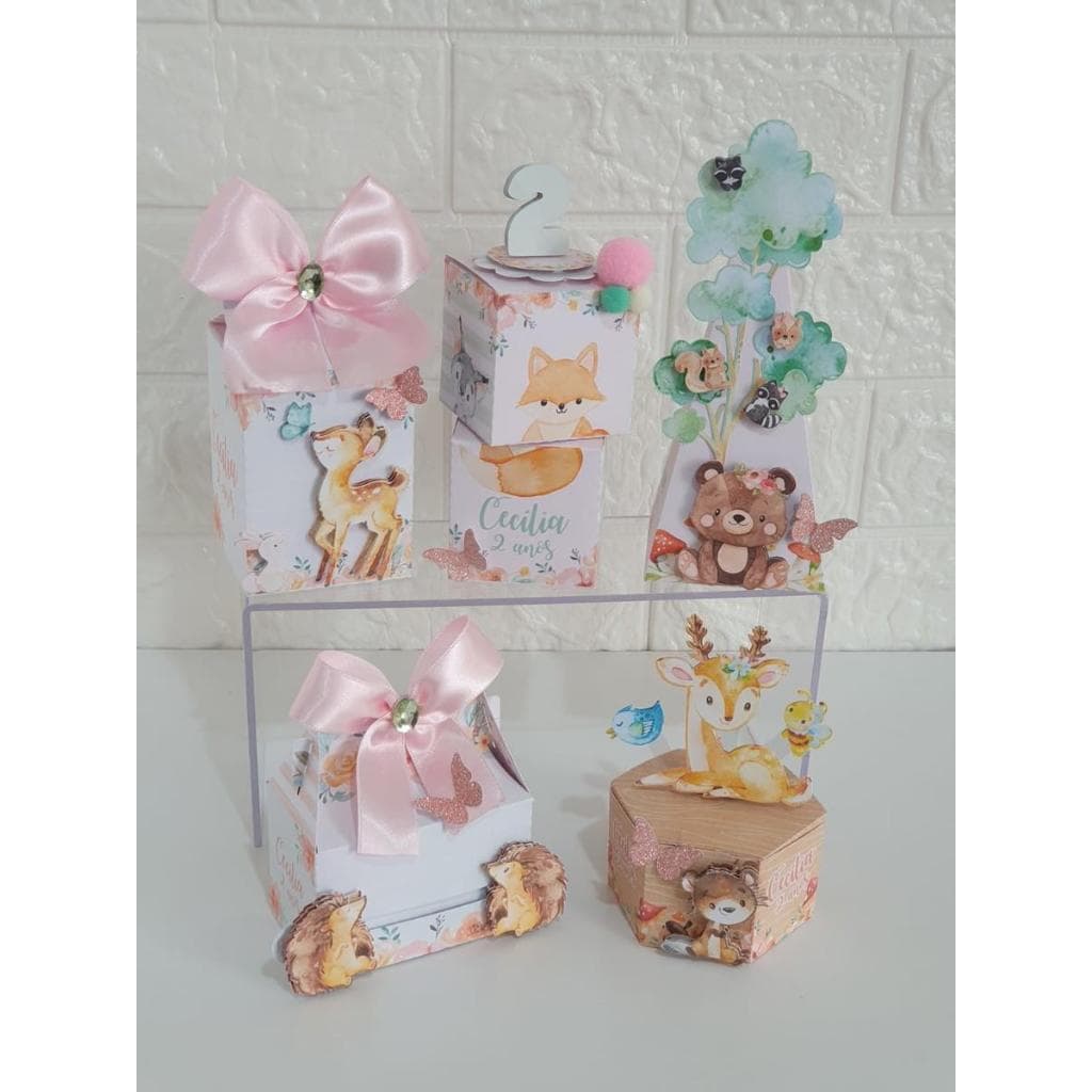 Kit festa lembrancinhas caixas personalizadas bosque encantado floresta encantada - Apliques em 3D LEIA A DESCRIÇÃO