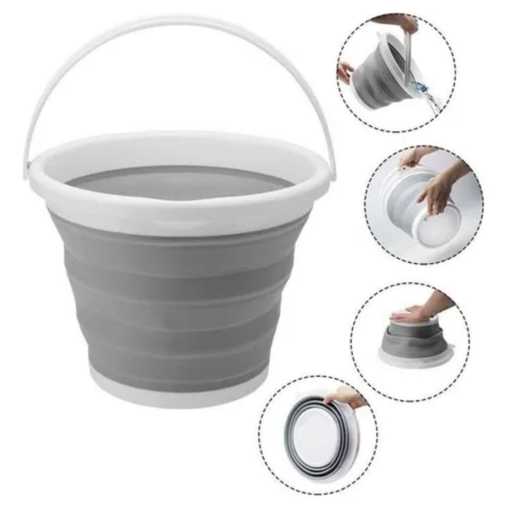 Balde Retrátil Flexível De Silicone Dobrável 10 Lt Com Alça Cinza Gancho Resistente Cozinha