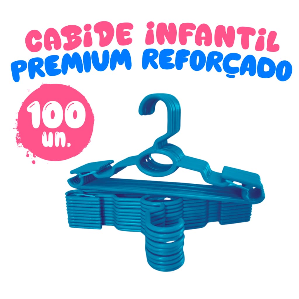 Kit 100 Cabides Infantil Bebê Baby Reforçado Azul Plástico Cruzeta Roupa Resistente Premium