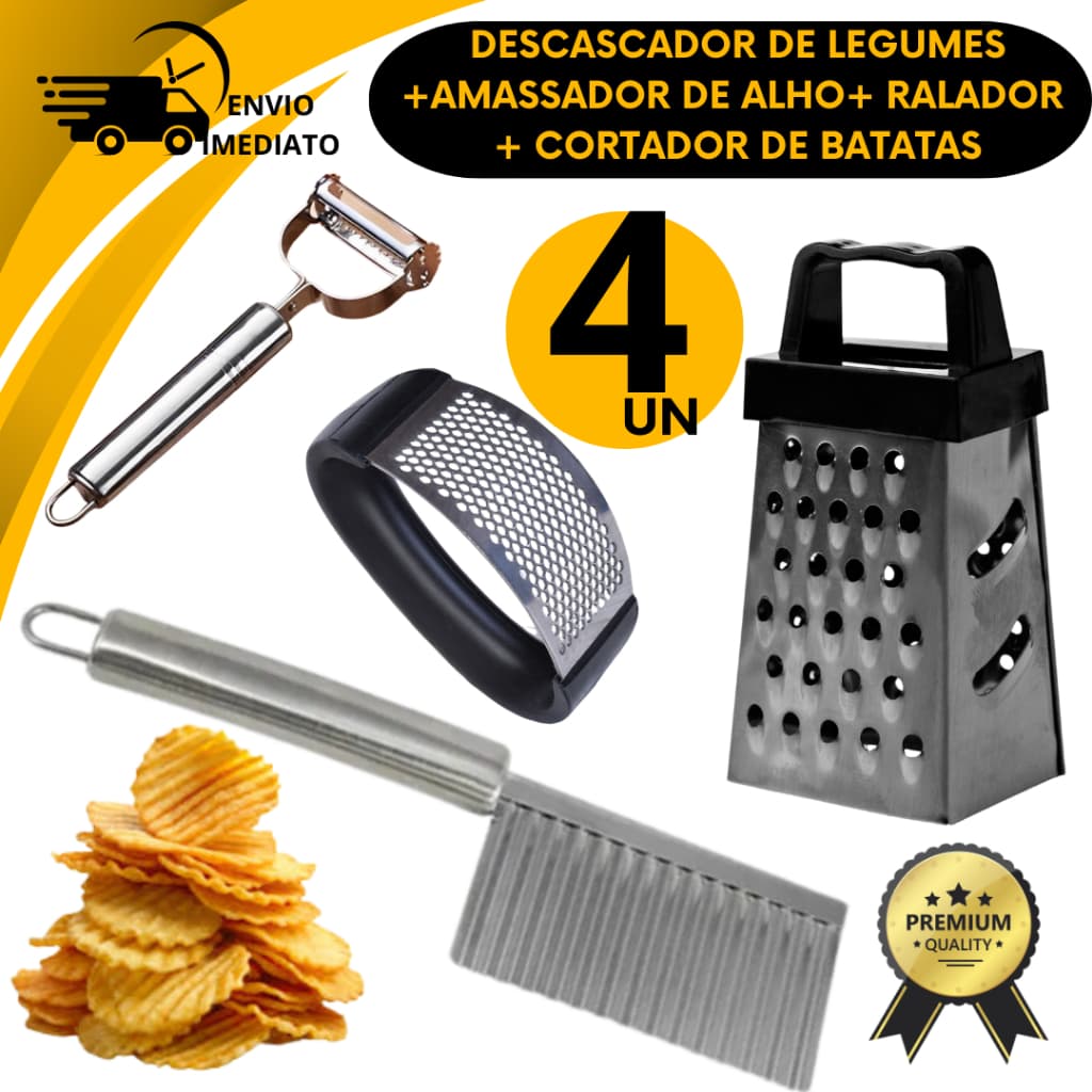 Kit 4 Cozinha Amassador Triturador Alho Ralador Descascador Legumes Cortador Ondulado Batata Chips
