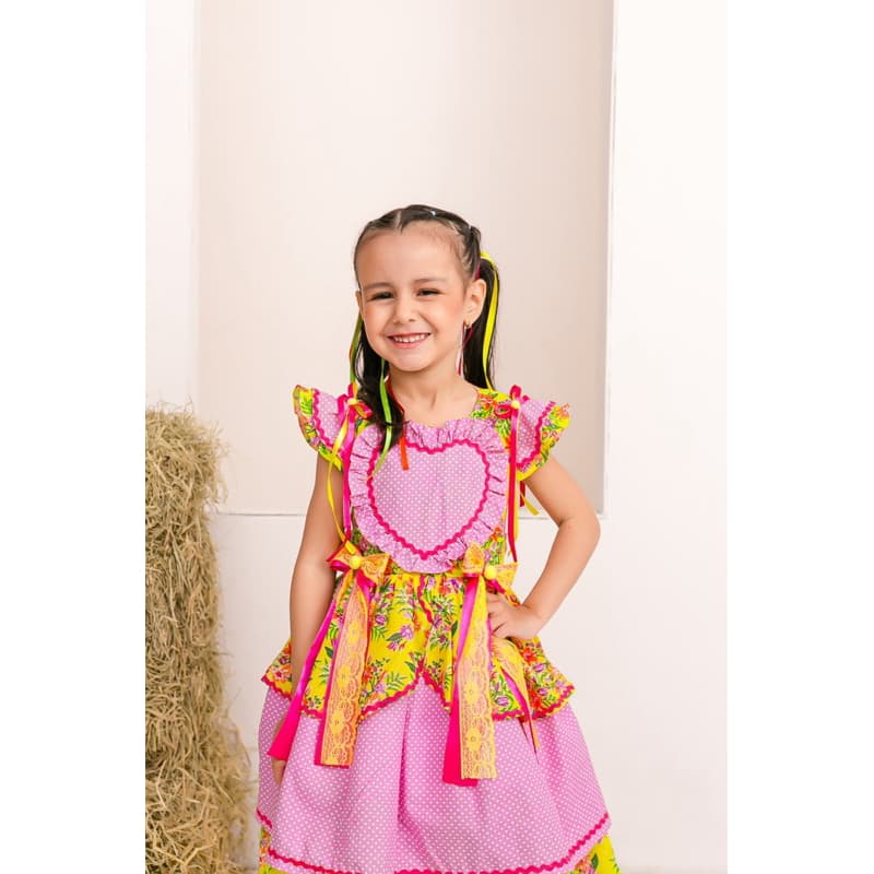 vestido junino valentina floral amarelo São João infantil festa caipira