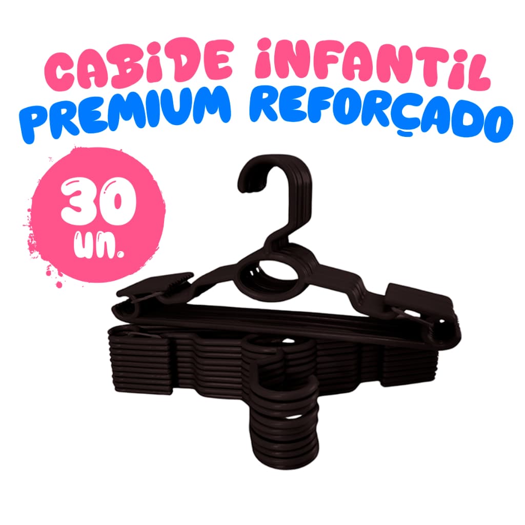 Kit 30 Cabides Infantil Bebê Baby Reforçado Preto Plástico Cruzeta Roupa Resistente Premium