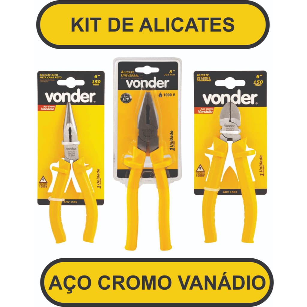Kit Jogo Alicate Eletricista Universal + Corte + Bico Vonder