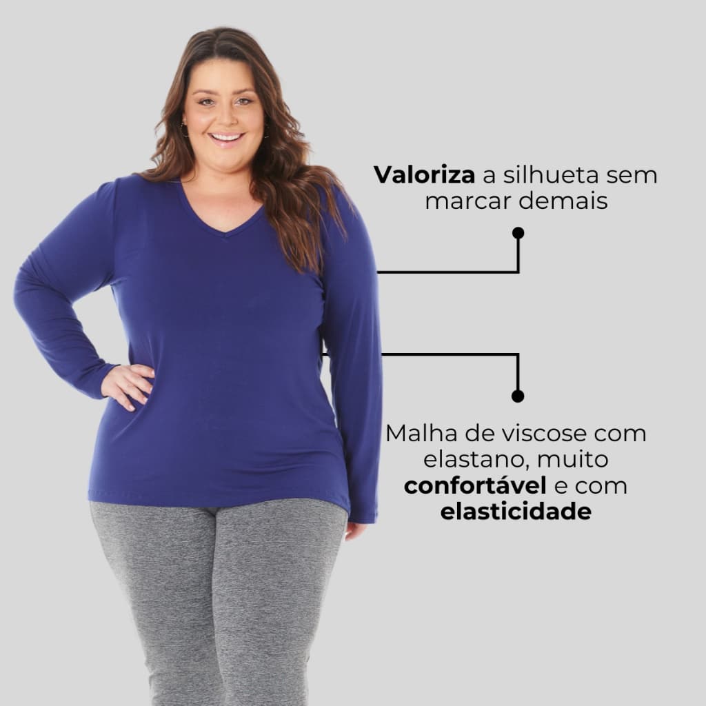 Blusa Feminina Plus Size Decote V Manga Longa Viscolycra Frio 1129-DROP