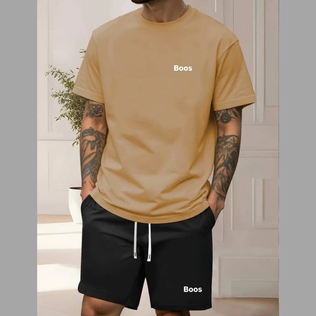 Conjunto casual masculino de duas peças, camiseta de gola redonda e shorts Tectel com cordão e bolso