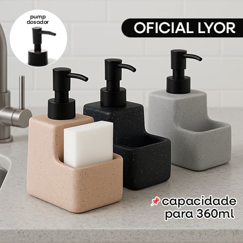 Porta Detergente Liquido Granilite Lyor Dispenser De Cerâmica 360ml Com Espaço Para Esponja