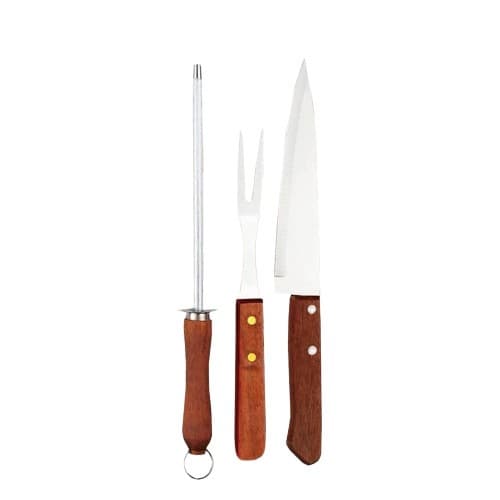 Kit 3 Peças Churrasco Inox com Cabo de Madeira Faca Garfo Chaira Amolador Cozinha Grelha Assado