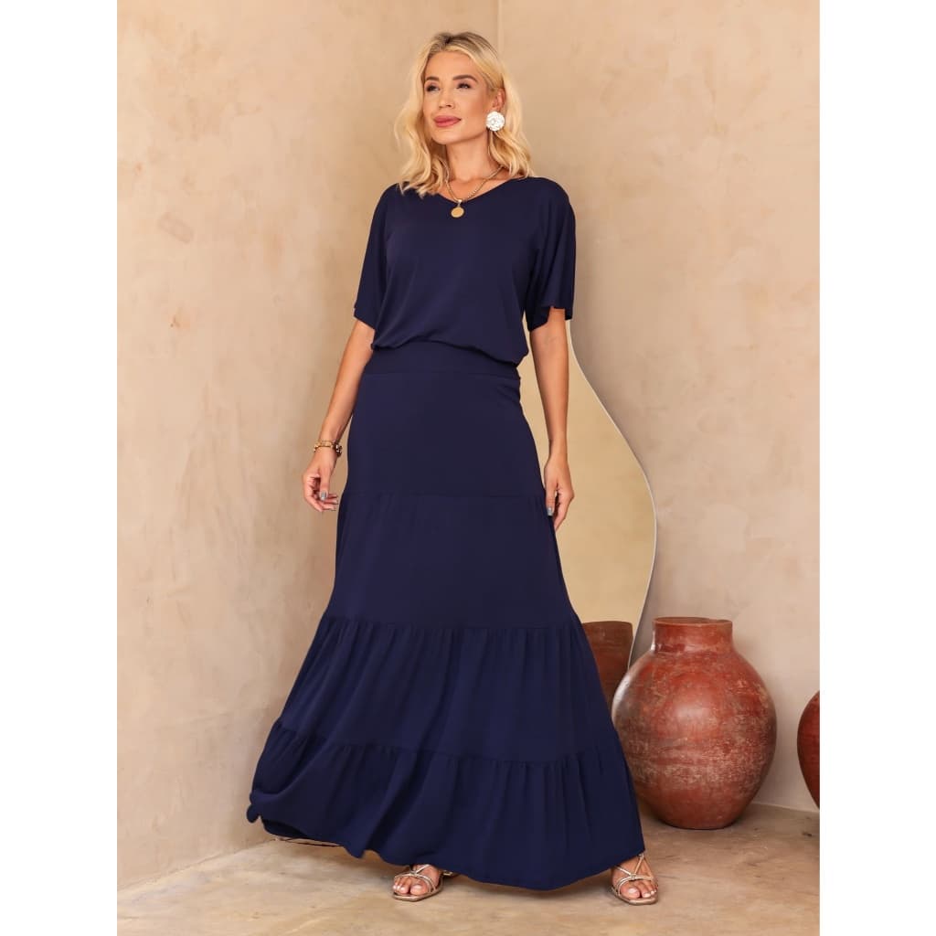 Conjunto Feminino Blusa Saia Longa Viscolycra Elegante Confortável Sofisticado Moda Estilo