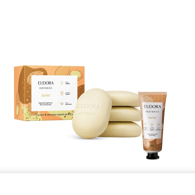 Kit Creme para Mãos 30g + Sabonete em Barra 4x80g da Instance Karité, Eudora.