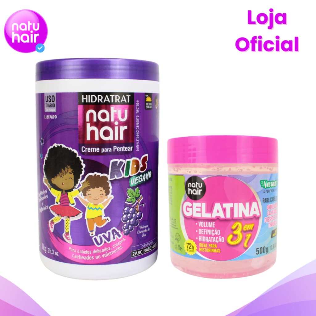 Kit Creme de Pentear Uva + Gelatina modeladora de cachos 3 em 1 Natuhair 500g