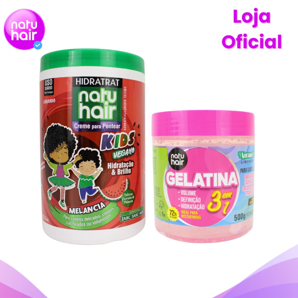 Kit Creme de Pentear Kids Melancia + Gelatina modeladora de cachos 3 em 1 500g Ativador de Cachos