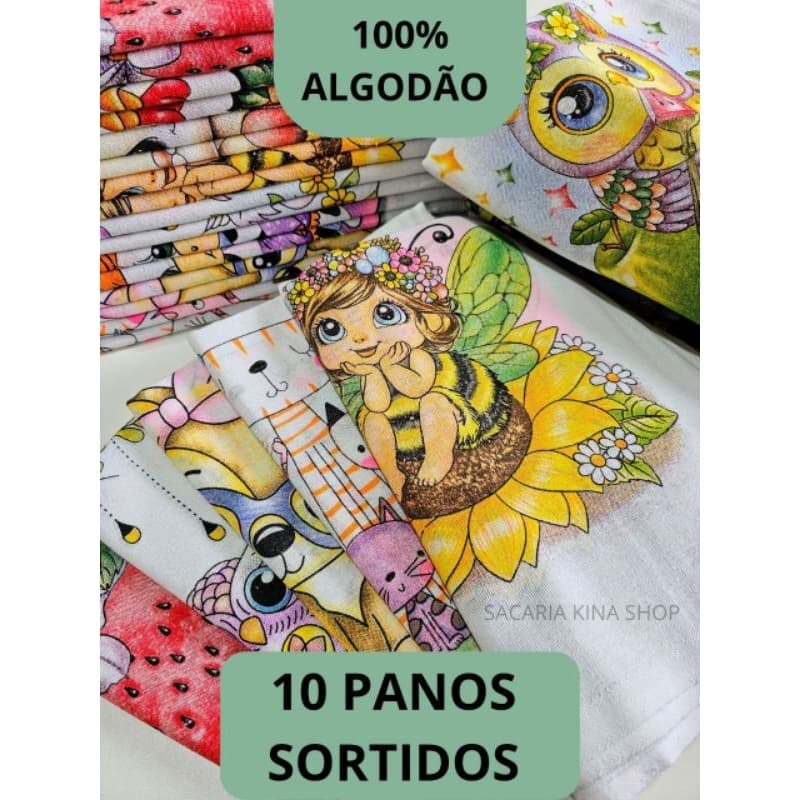Pano de prato estampado LH têxtil kit 10 panos de prato sortidos lindas estampas!