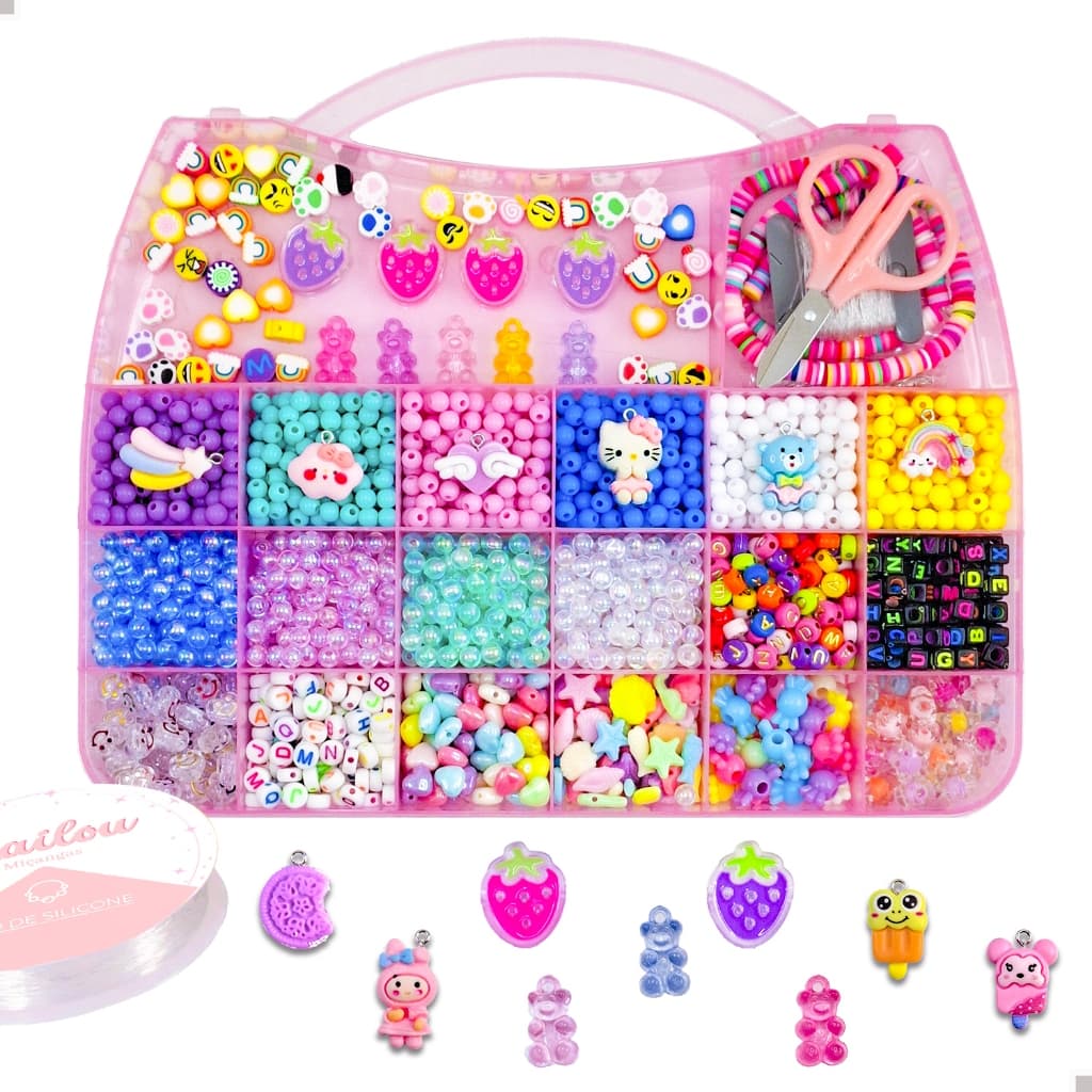 Kit de  Miçangas Infantil 2000 peças Para Fazer Pulseirae e Colares + Fio de Silicone - presente DYE