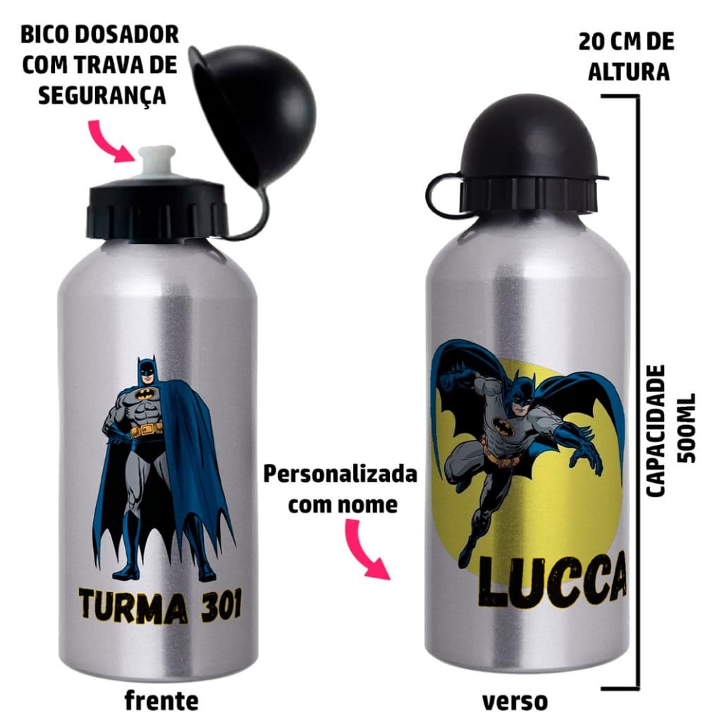 Garrafa de água Squeeze Personalizada para escola com nome e turma  - Tema Batman
