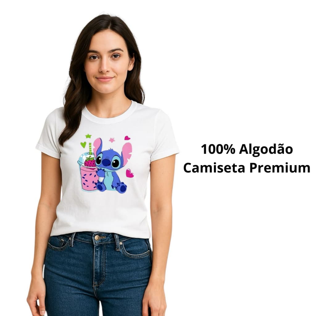 Camiseta Lil Stitch Milkshake  Feminina Baby Look Algodao