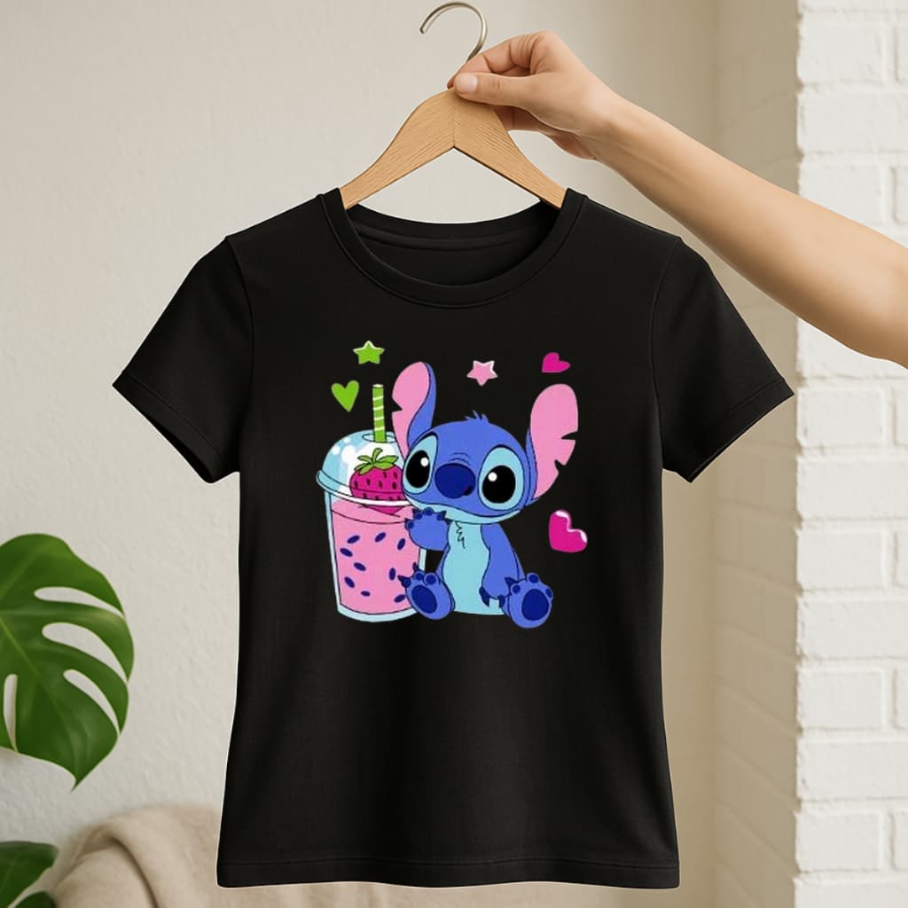 Camiseta Stitch Lilo Babylook Feminina Preta Branca Filme Lançamento