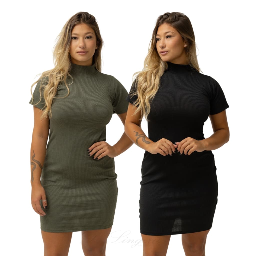 Kit 2 Vestido Canelado Midi Manga Curta Feminino Blogueira