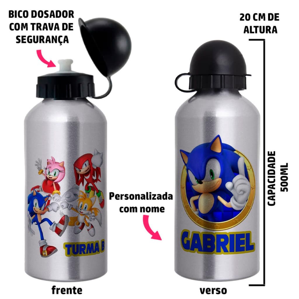 Garrafa de água Squeeze Personalizada para escola com nome e turma  - Tema Sonic