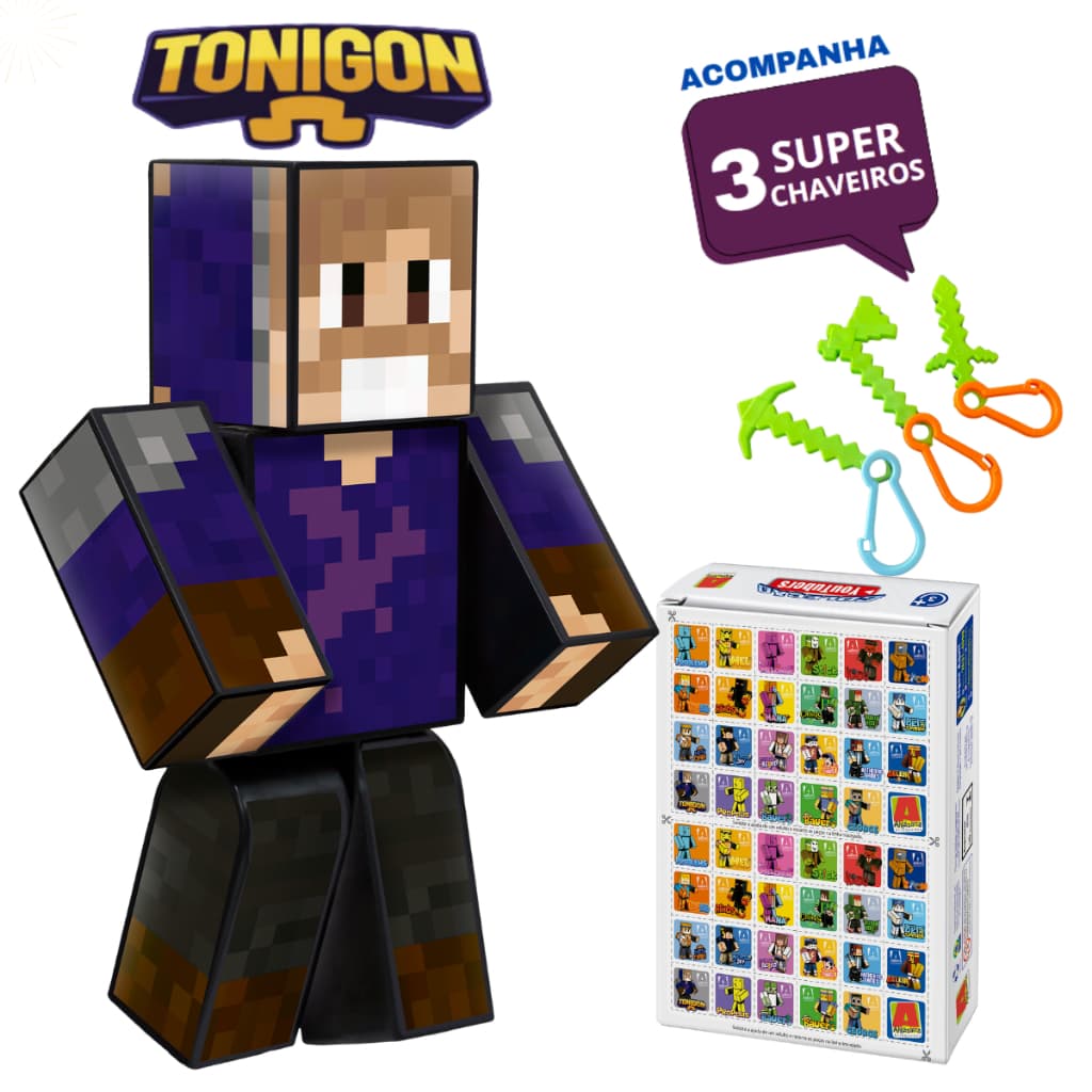 Boneco Youtuber Gamer Tonigon 25cm 3 Chaveiros craft + Jogo da Memória original