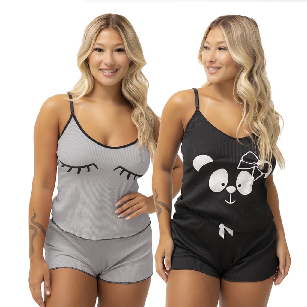 Kit 5 Pijama Baby Doll Canelado Curto liso Estampado Alças Finas Feminino Adulto