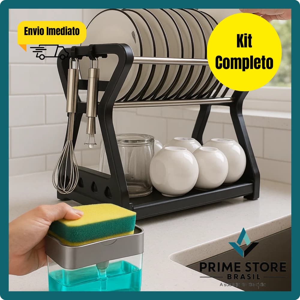 Kit Escorredor de Louça Desmontável + Dispenser Detergente 2x1 Porta Esponja Prático Cozinha