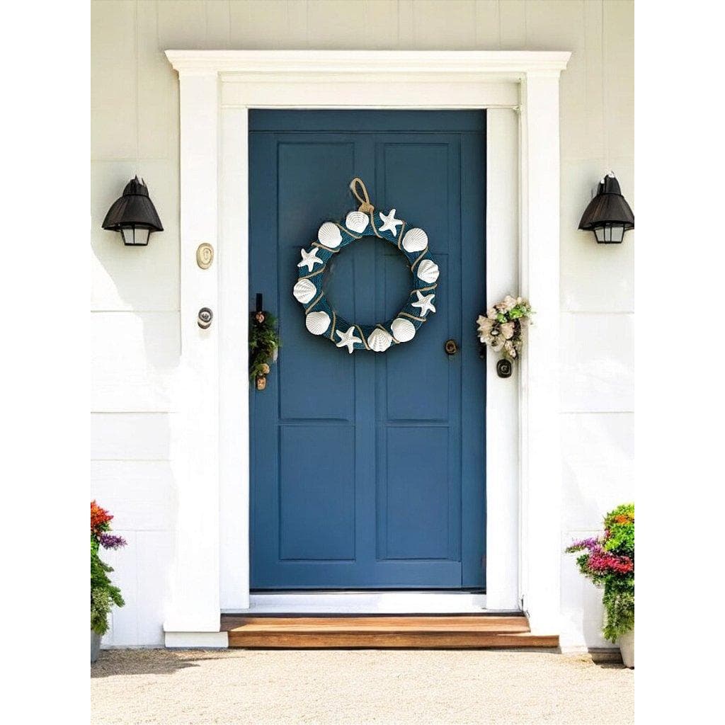 Guirlanda Náutica Azul 25 cm com corda e conchas decoração casa de praia